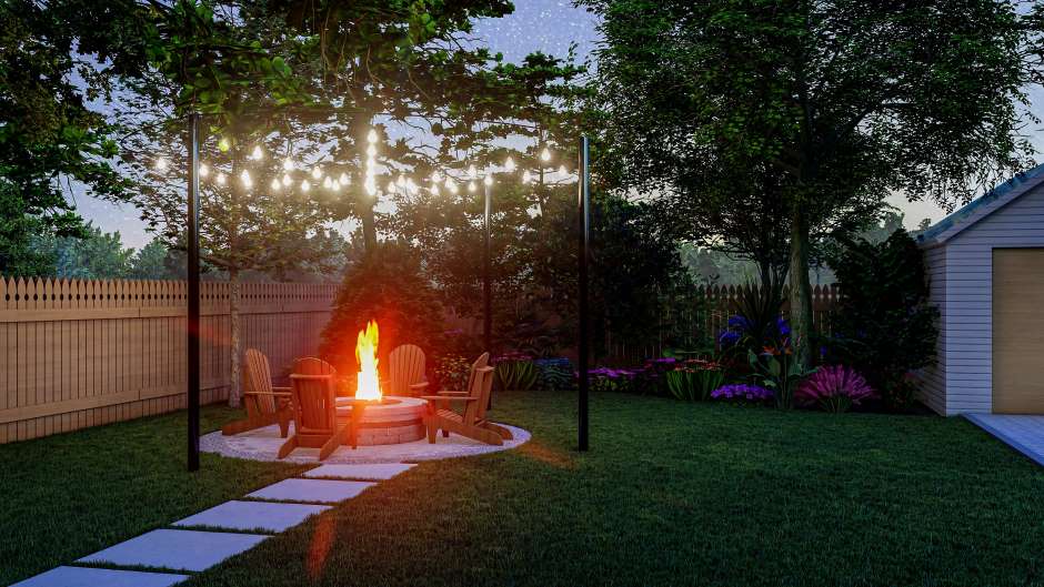 A backgarden with string lights built around a fire place
