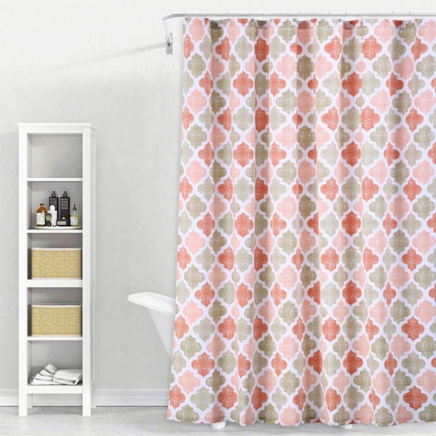 Coral details on patterned shower curtains.