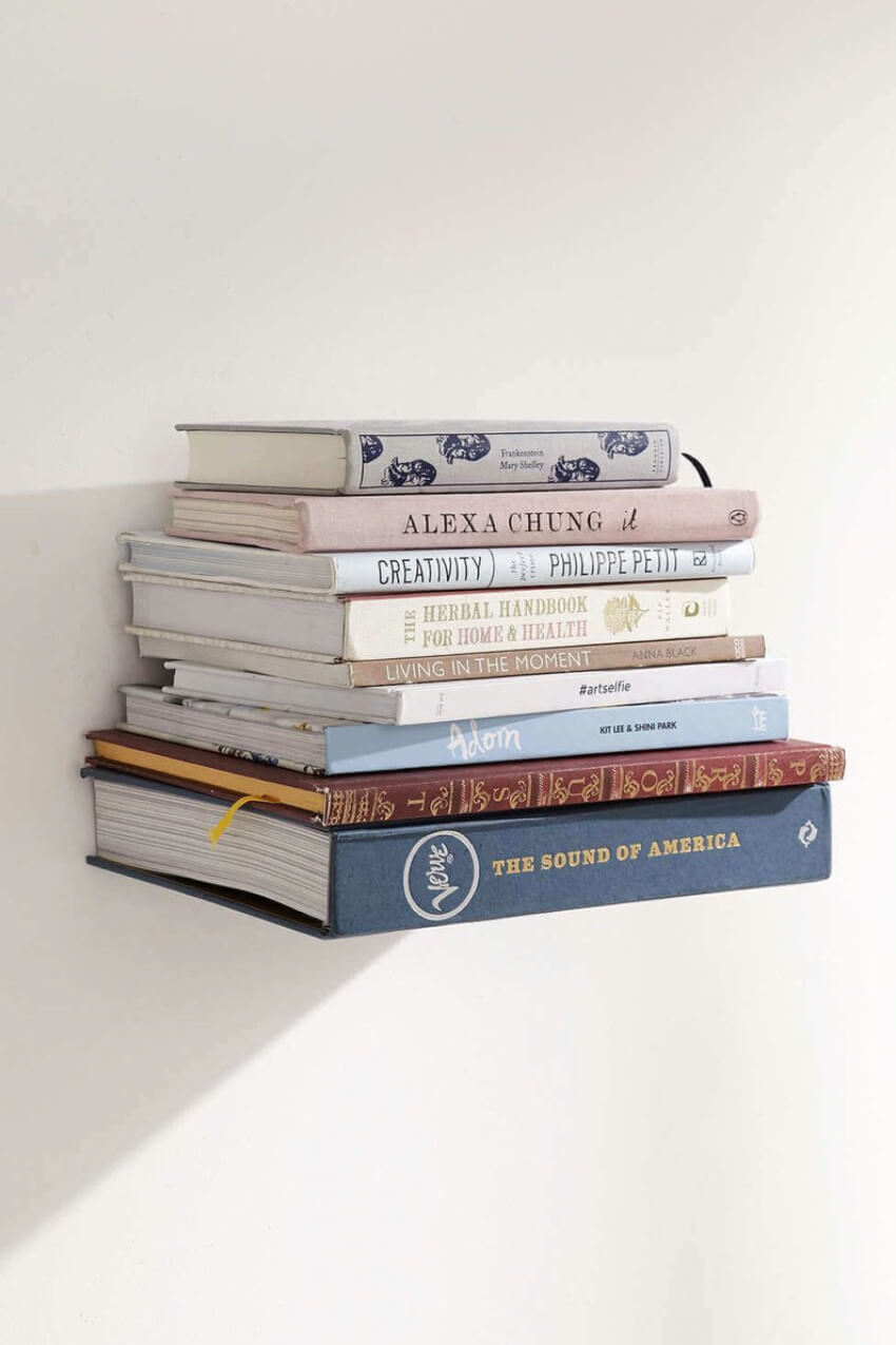 The floating bookshelf is practical and beautiful.