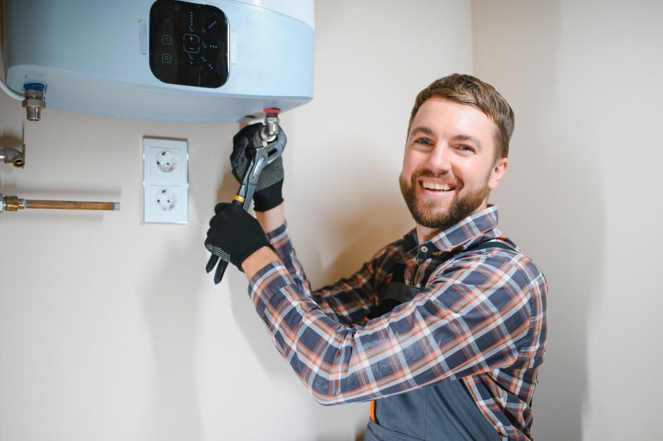 Smiling man fixing his water heater