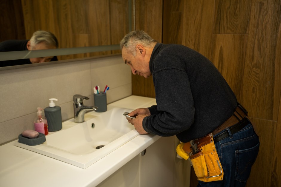 A older gentleman attempting to repair his faucet
