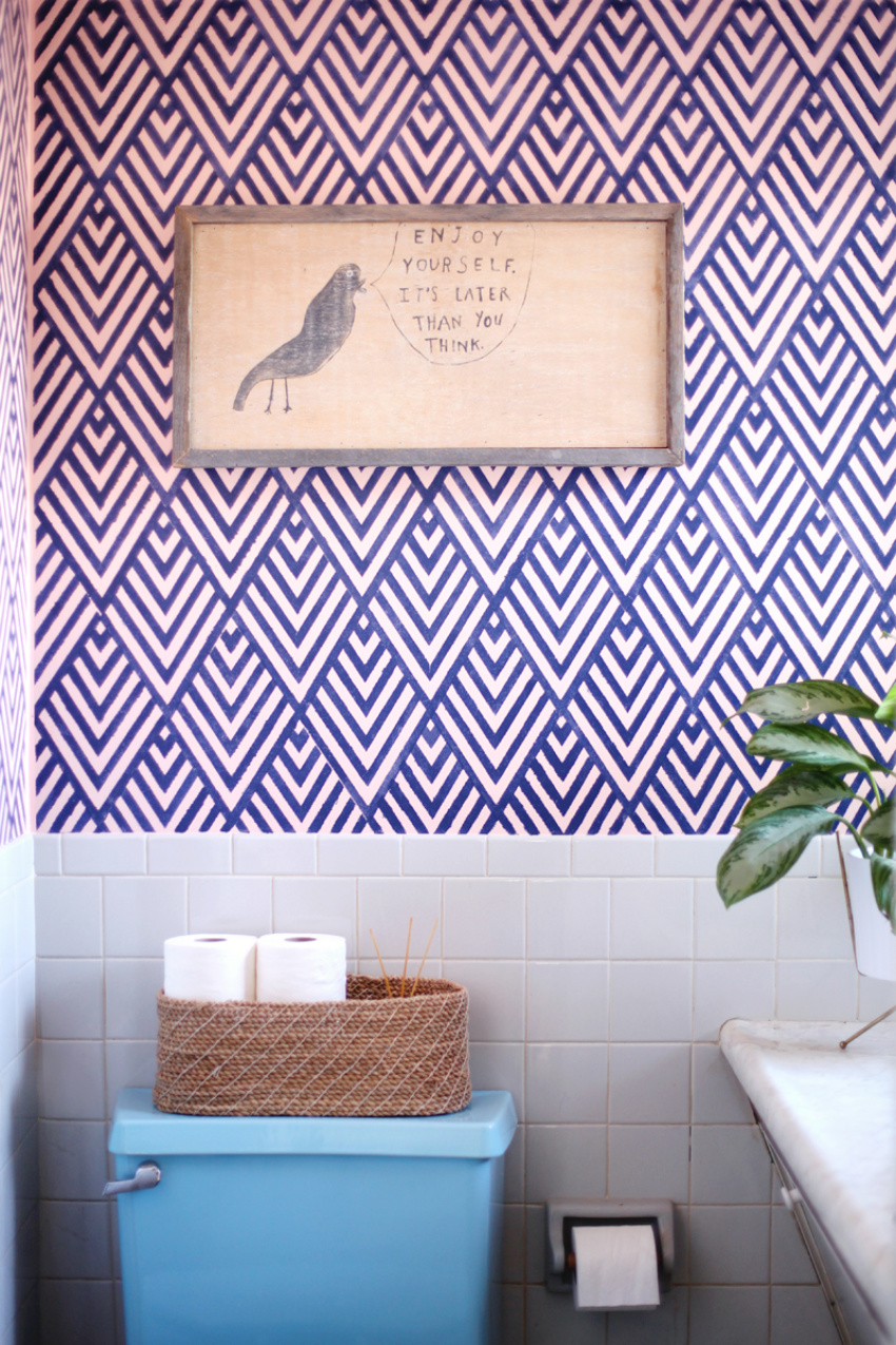 Stencils can also be used for an intricate pattern that resembles tile work. Source: A Beautiful Mess