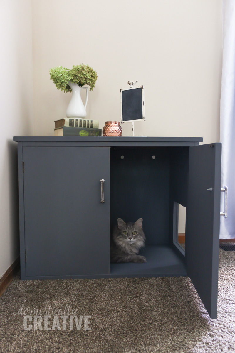 This hidden litter box cabinet will make the space much more organized. Source: Domestically Creative