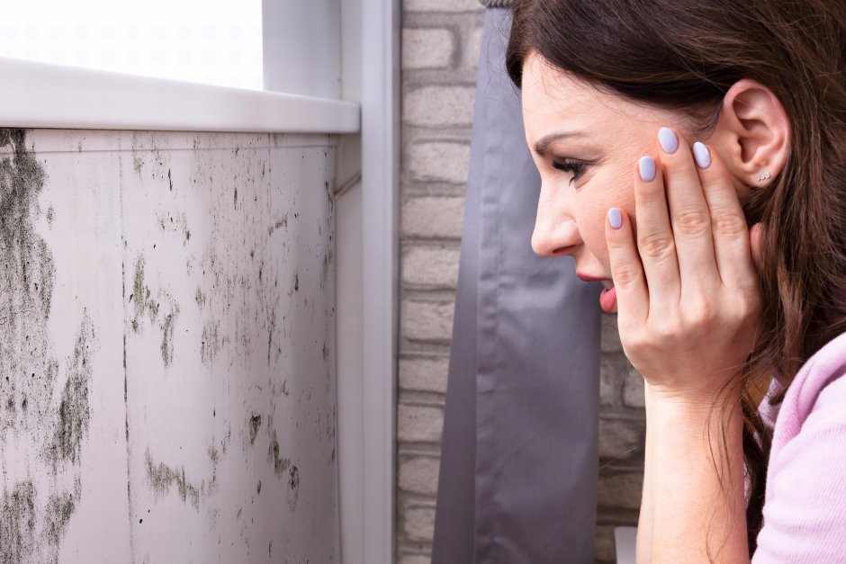 A woman shocked at mold on the wall