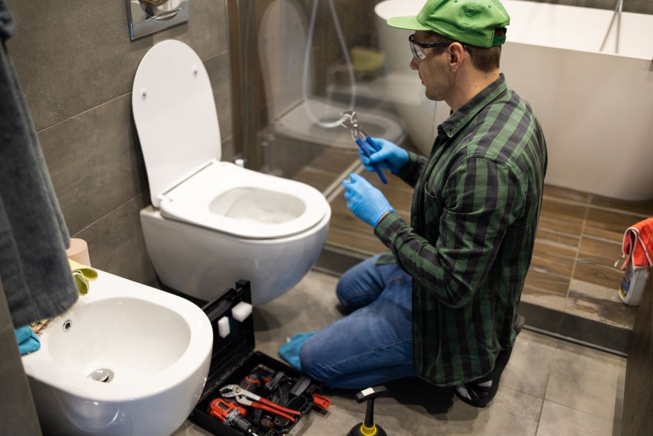  Image of a man repairing a toilet.  He wears a green plaid shirt.