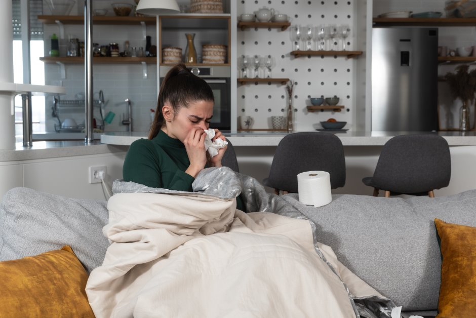 A young woman that is sitting on her sofa with a blanket whilst being sick