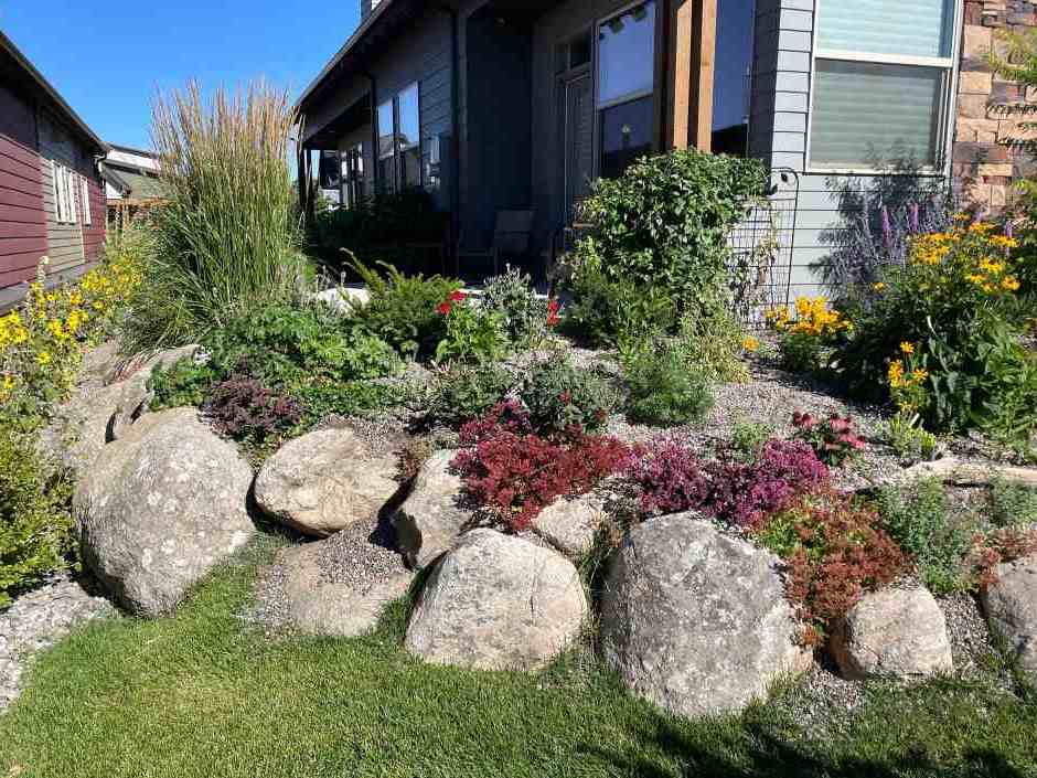 A side yard garden decorated with plants of various shapes and colors, with garden borders made of stacked stones