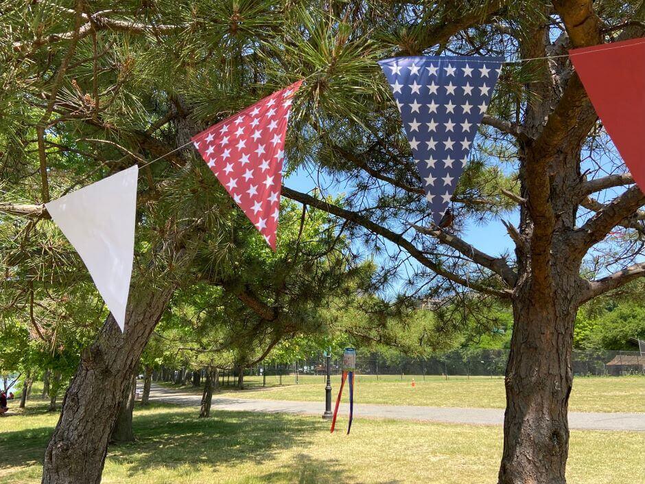 Patriotic triangular flags on string hanging with a park in the background