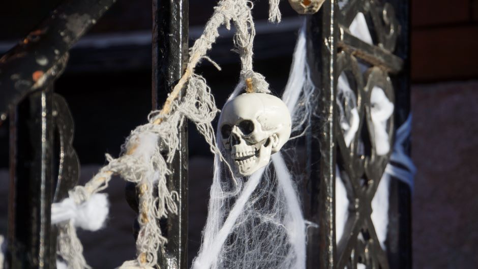 House entrance decorated with spiderwebs and a skull