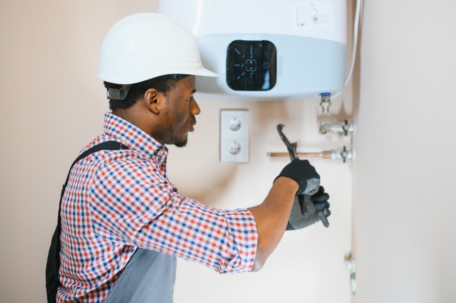  Black male worker with hard hat repairing water heater
